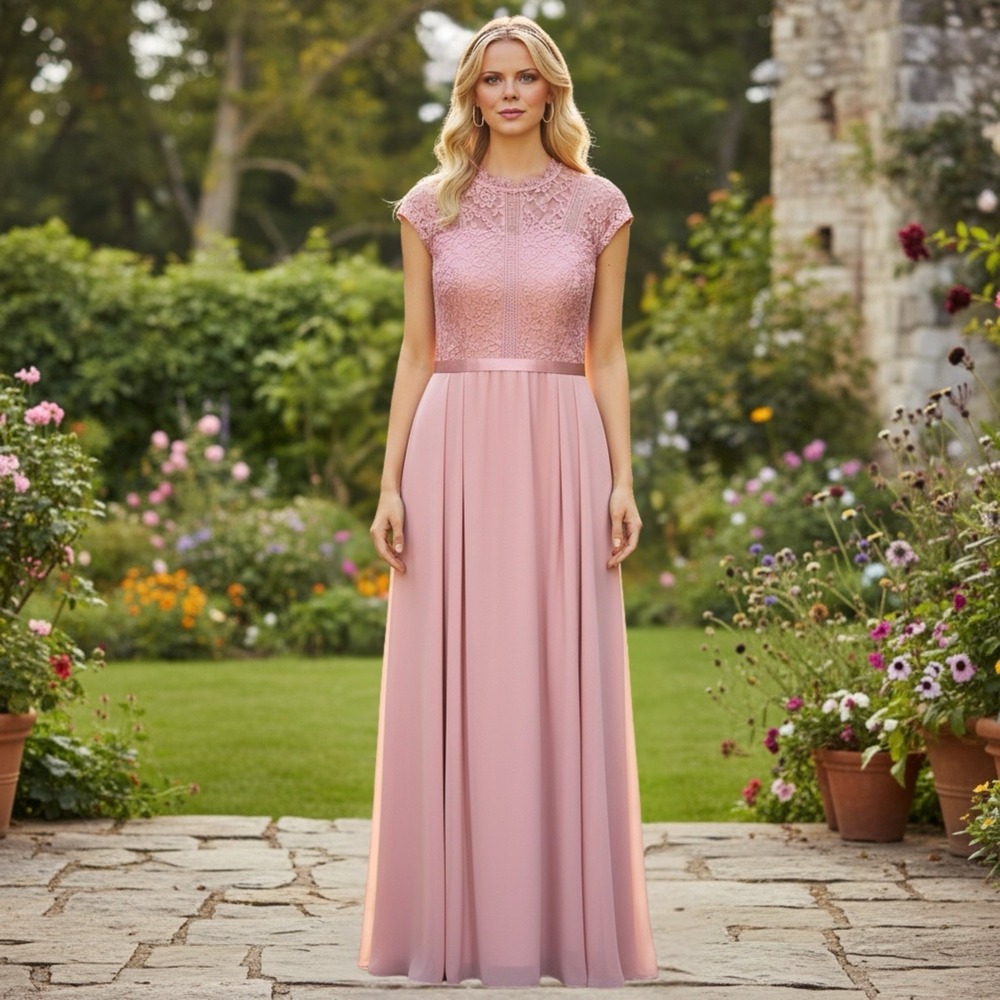 Miusol Ladies Long Formal Pink Gown Sz XL Pick Lace Top Ribbon Waist NWT!